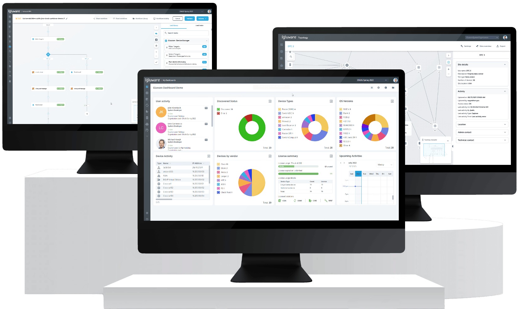 Gluware's pre-built intelligent network automation applications featuring Dashboard, Network RPA, and Topology.