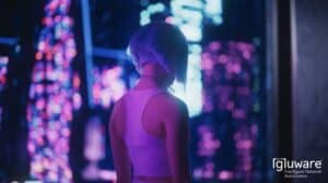 Cyperpunk girl looking out into a neon cityscape at night