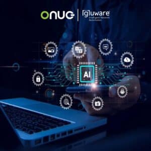 Gluware app icons over a laptop as a network operator works in the background