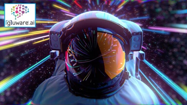 Closeup of an astronaut space suit with multi-colored light streams emanating from behind