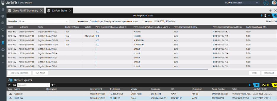 Screenshot of Data Explorer generating reports including L2 port state
