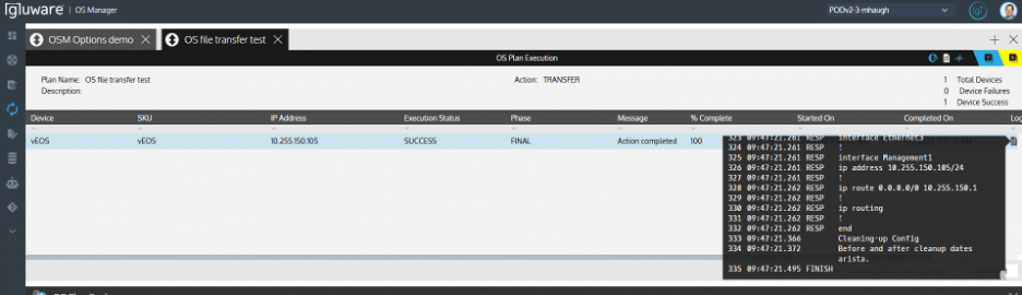 Screenshot of Gluware OS Manager Summary Level Results and Detailed Logs Capturing Device Interaction