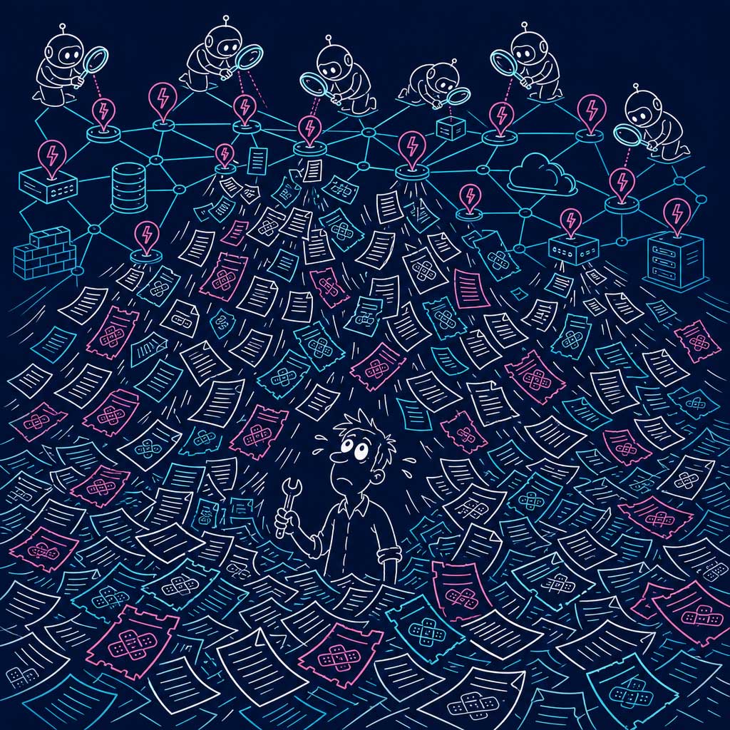Illustration of a man under an avalanche of network patch updates