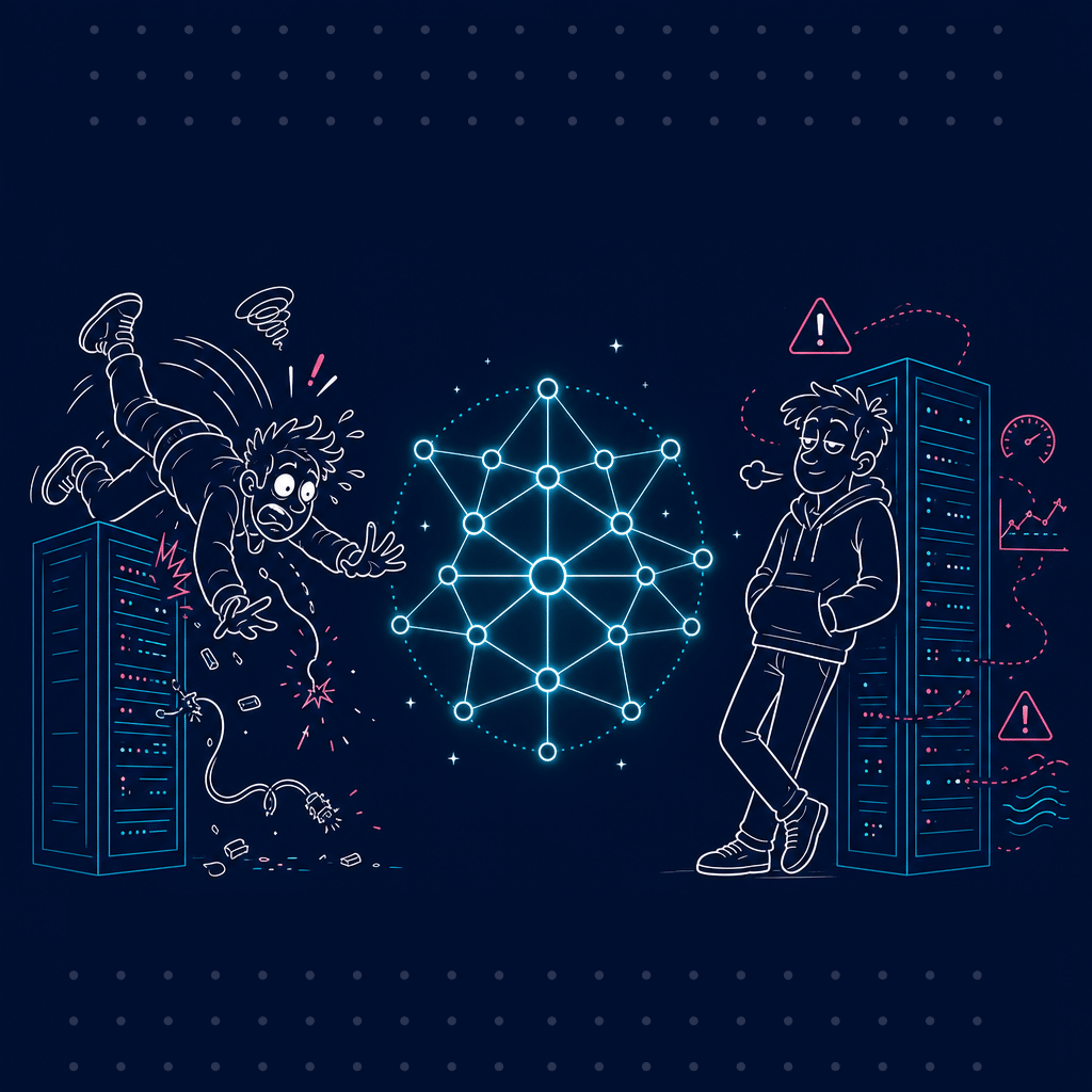 Illustration on a network dev tripping over a server rack, while another dev is resting easy